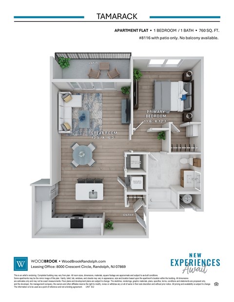 A floor plan for a Tamarack apartment shows a primary bedroom, a great room with kitchen, and a bathroom.